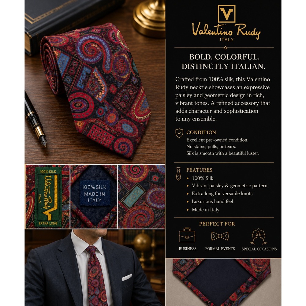 Valentino Rudy Italy Mens Silk Necktie Abstract Geometric Red Gold Extra Long